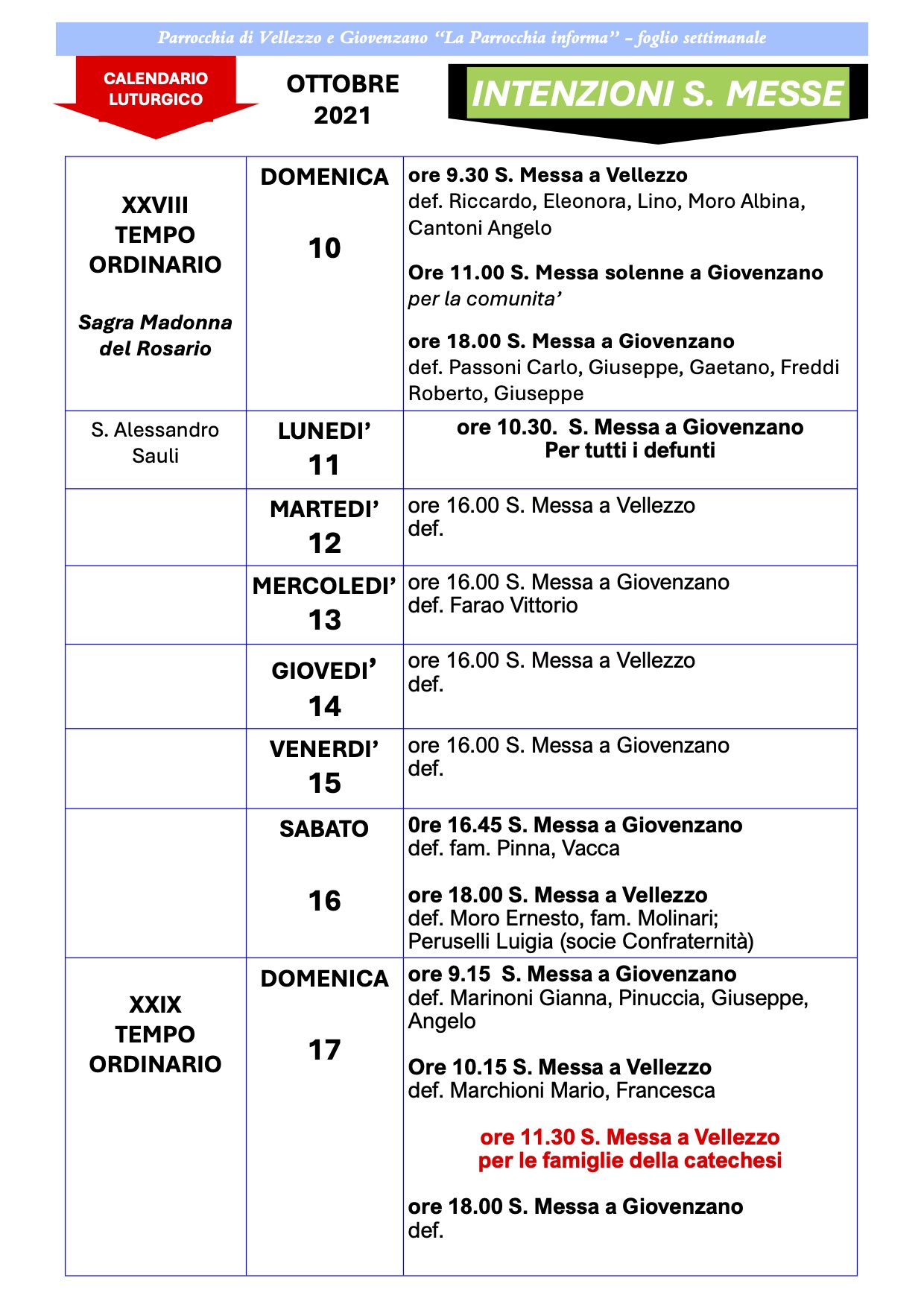 Calendario Liturgico dal 10 al 17 ottobre 2021 Parrocchia di Vellezzo e Giovenzano La Parrocchia InForma