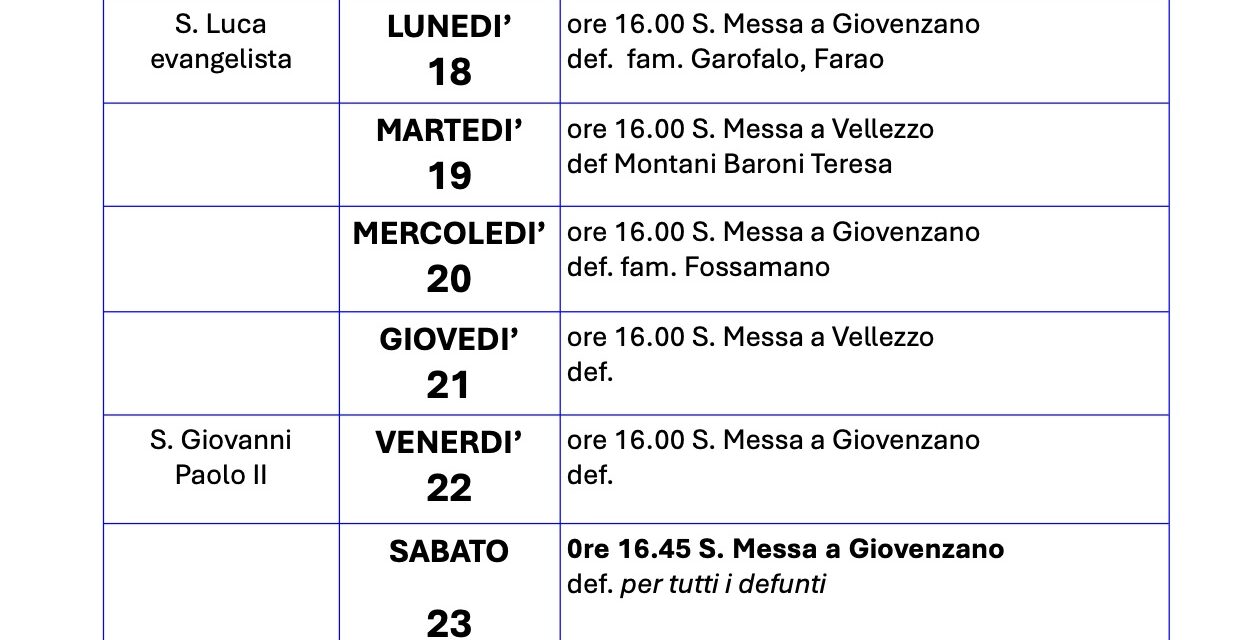 Calendario Liturgico dal 17 al 24 ottobre 2021