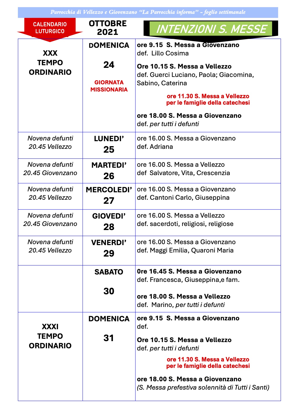 Calendario Liturgico dal 24 al 31 ottobre