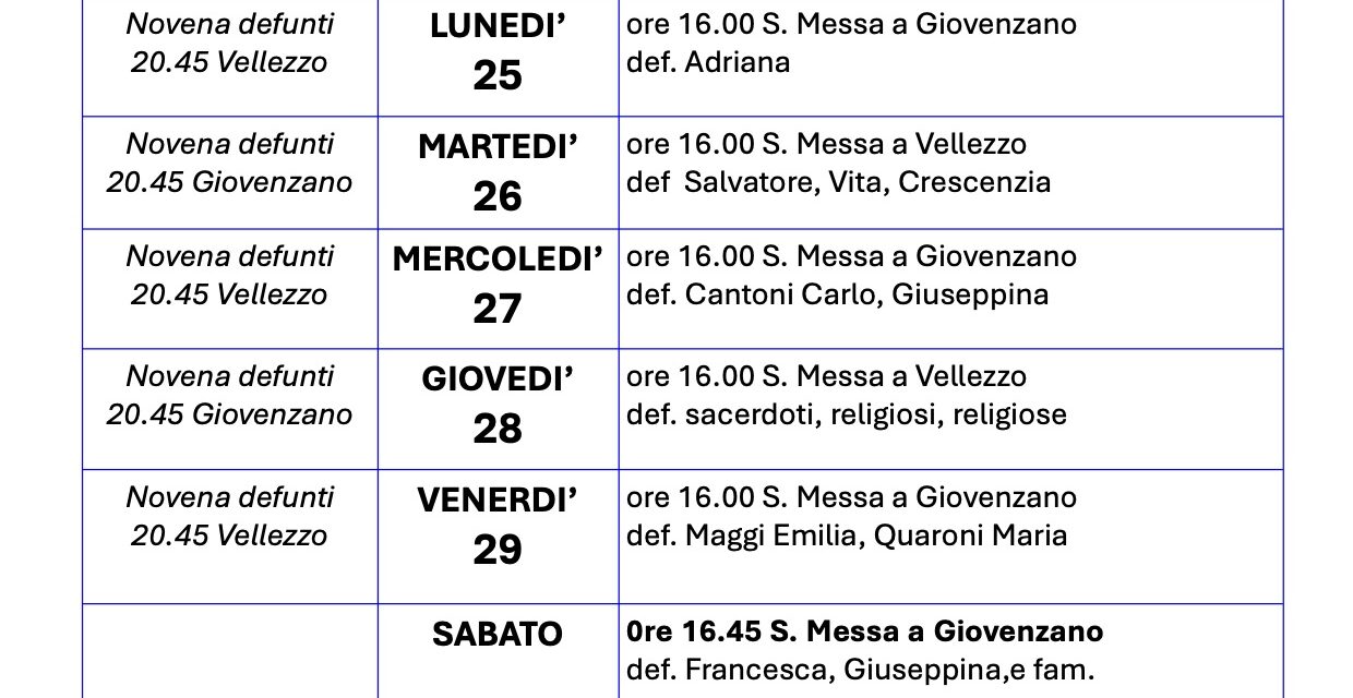 Calendario Liturgico dal 24 al 31 ottobre