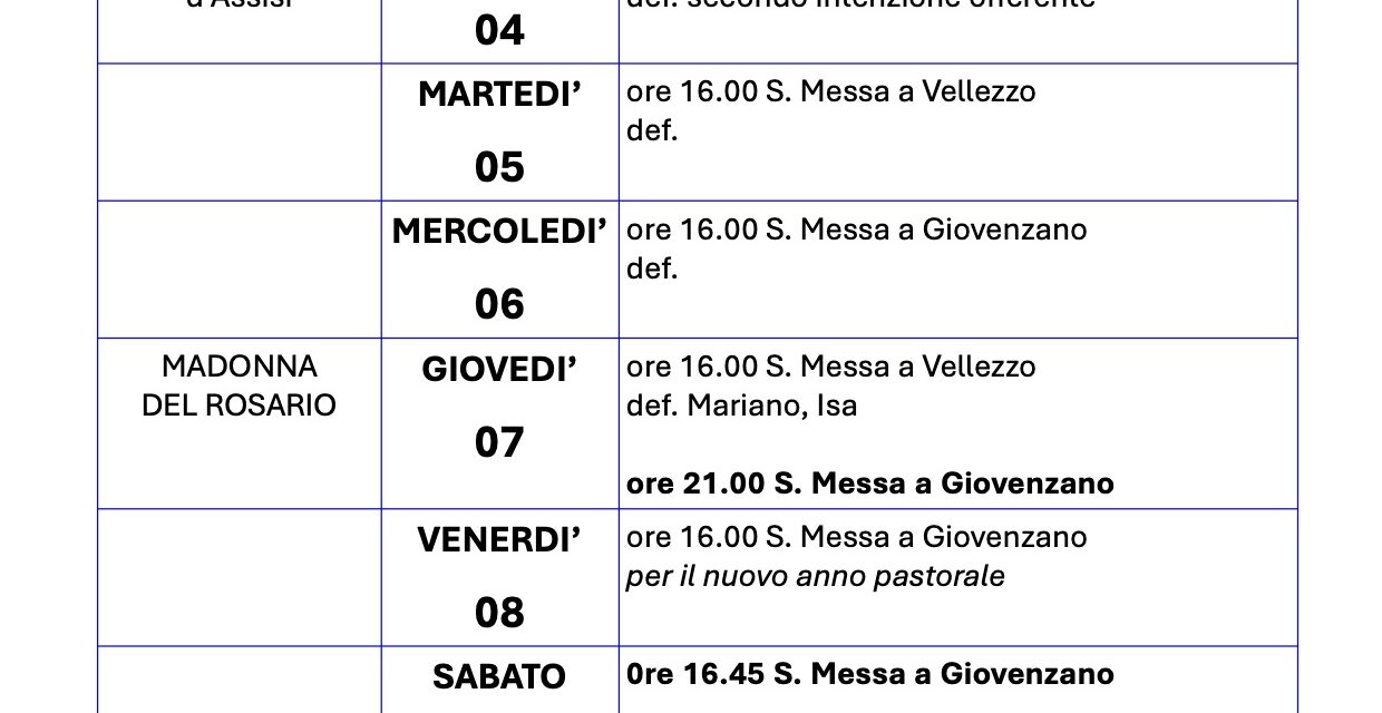 Calendario Liturgico dal 3 al 10 ottobre 2021