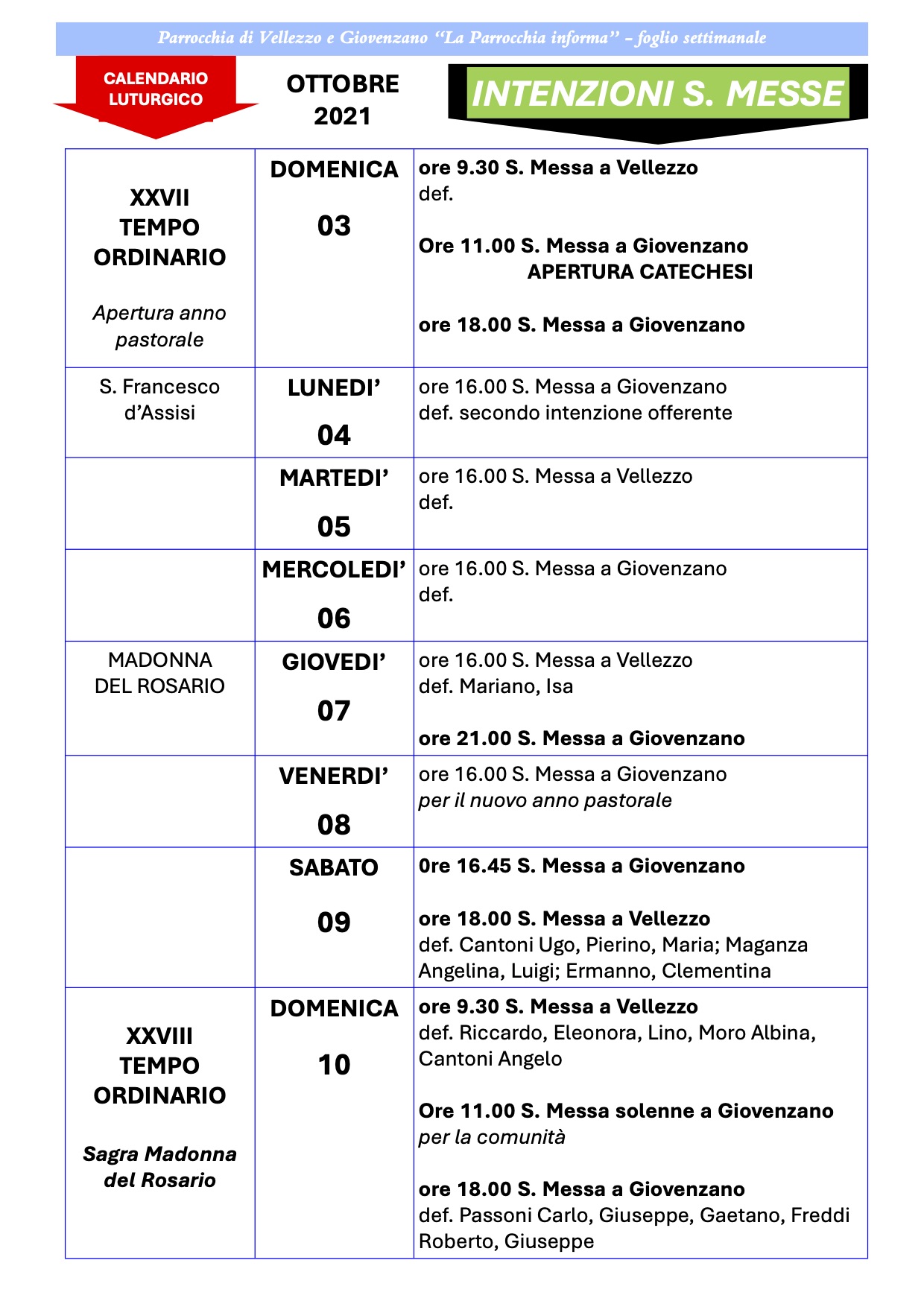 Calendario Liturgico dal 3 al 10 ottobre 2021