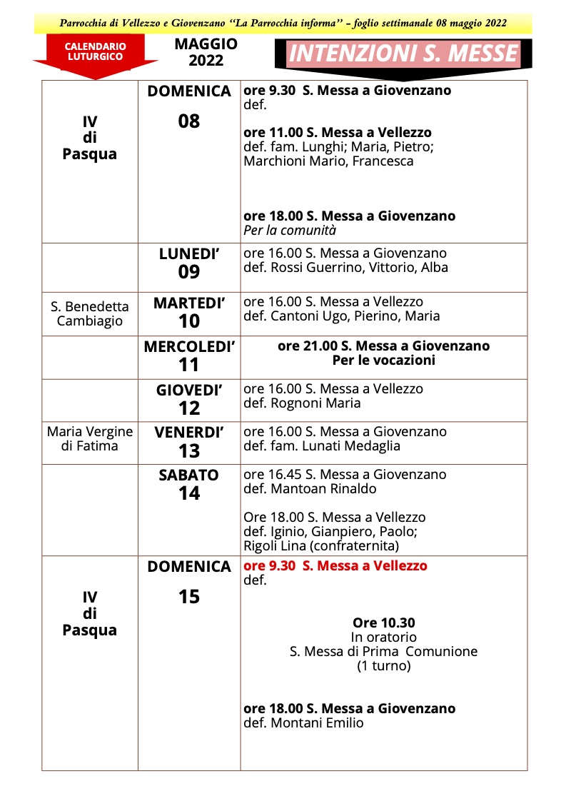 Calendario Liturgico dal 8 al 15 maggio 2022, Parrocchia di Vellezzo e Giovenzano