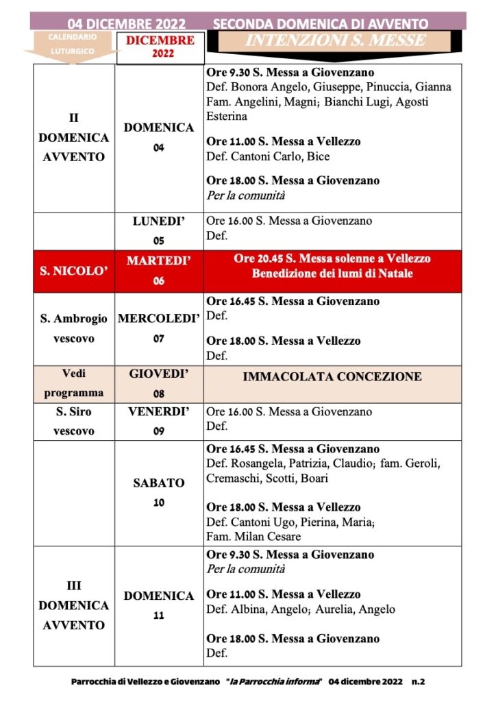 Calendario Liturgico dal 04 al 11 dicembre 2022