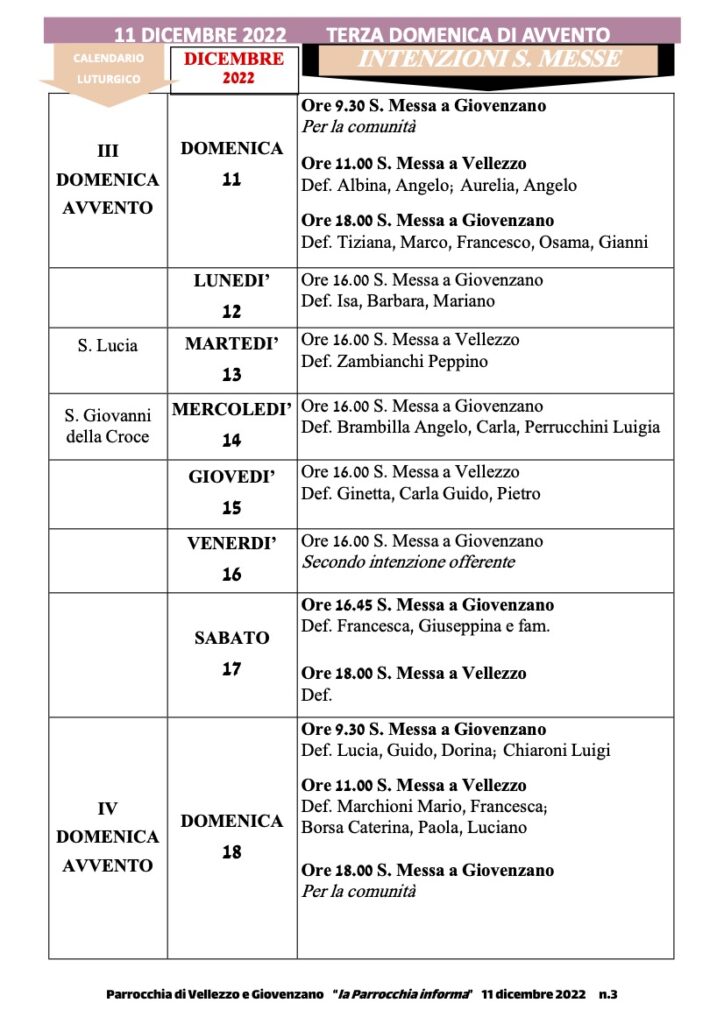 Calendario Liturgico dal 11 al 18 dicembre 2022