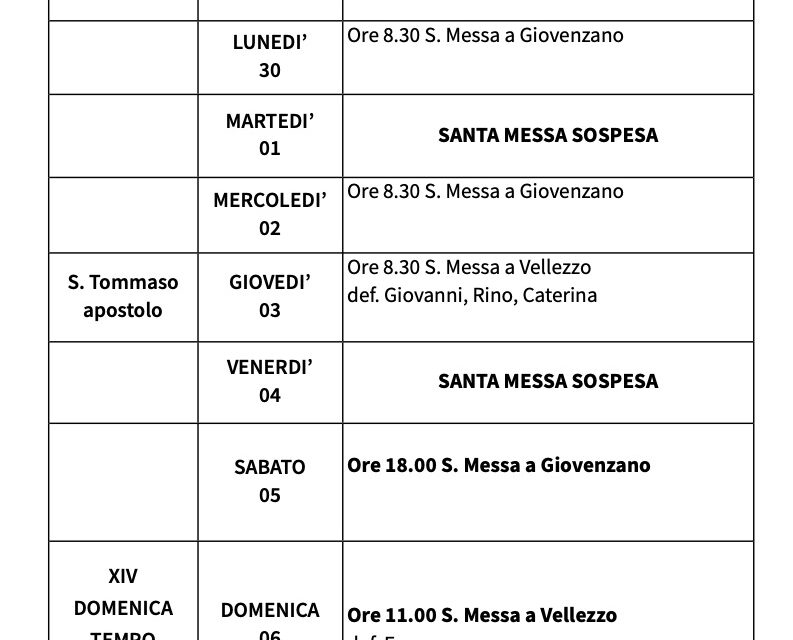 Calendario Liturgico dal 29 giugno al 06 luglio 2025