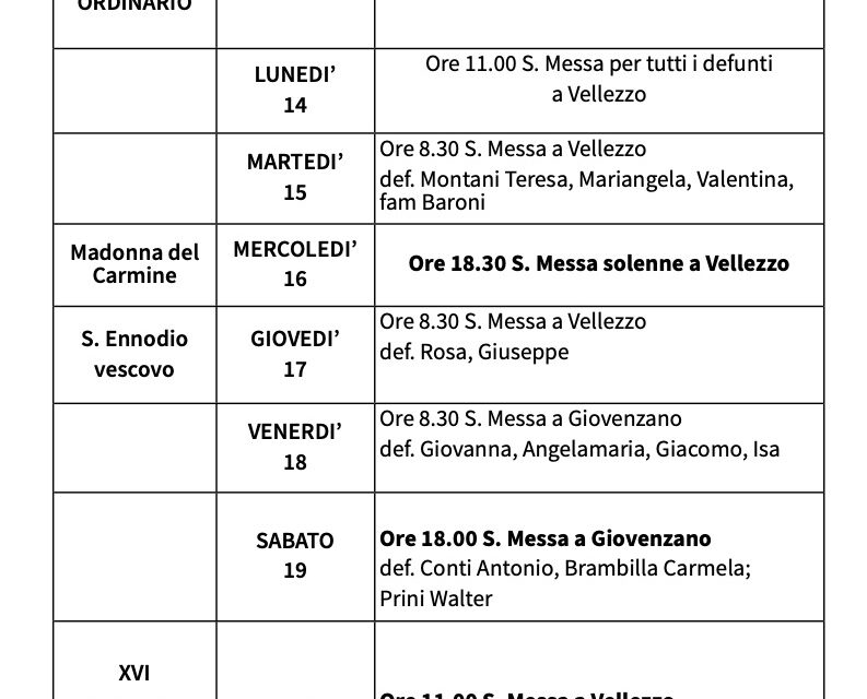 Calendario Liturgico dal 13 al 20 luglio 2025