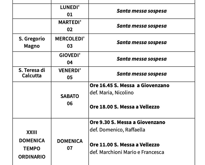 Calendario Liturgico dal 31 agosto al 07 settembre 2025