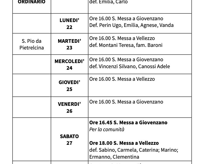 Calendario Liturgico dal 21 al 28 settembre 2025