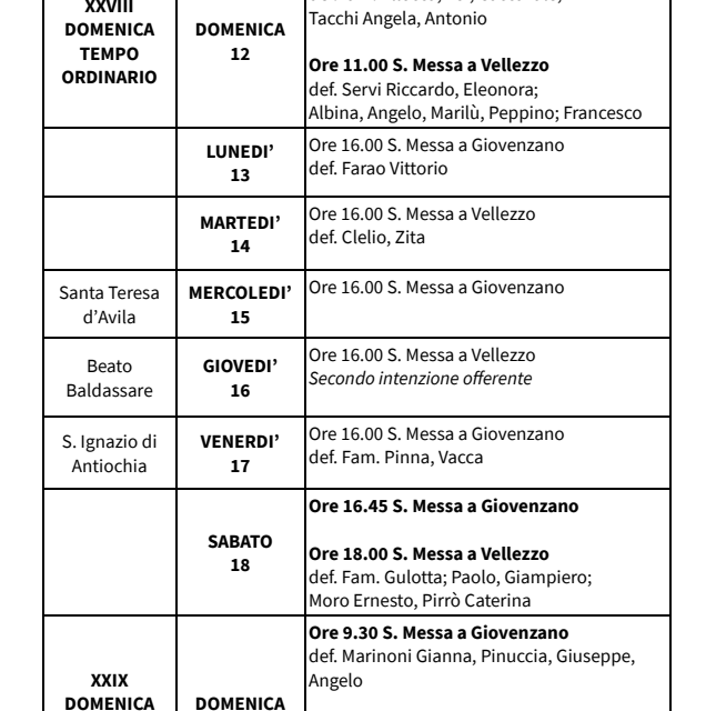 Calendario Liturgico dal 12 al 19 ottobre 2025