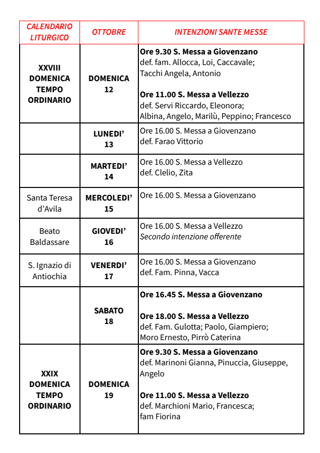 Calendario Liturgico dal 12 al 19 ottobre 2025