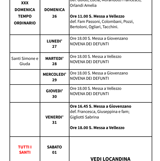 Calendario Liturgico dal 26 ottobre al 02 novembre 2025
