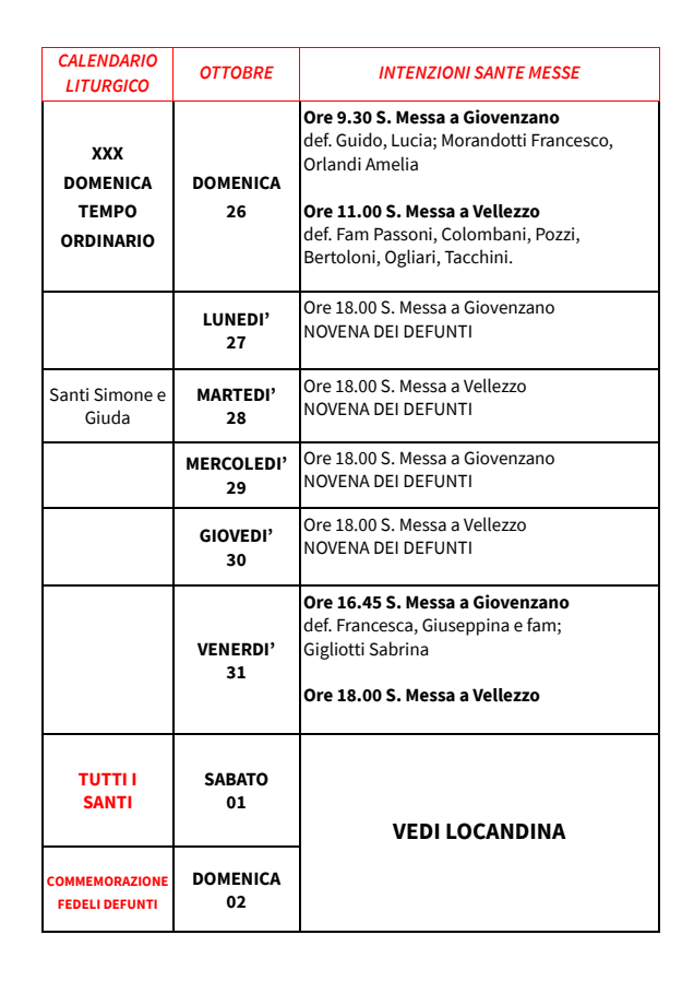 Calendario Liturgico dal 26 ottobre al 02 novembre 2025