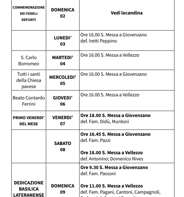 Calendario Liturgico dal 02 al 09 novembre 2025