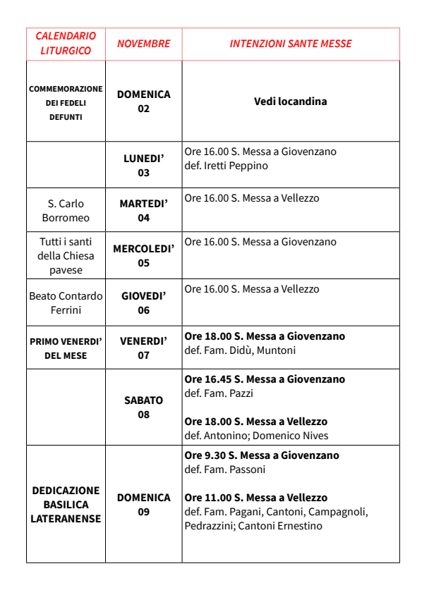 Calendario Liturgico dal 02 al 09 novembre 2025