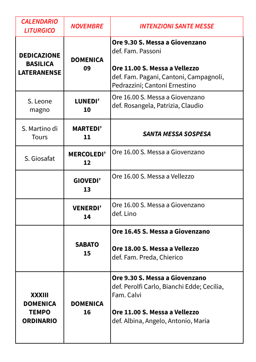 Calendario Liturgico dal 09 al 16 novembre 2025