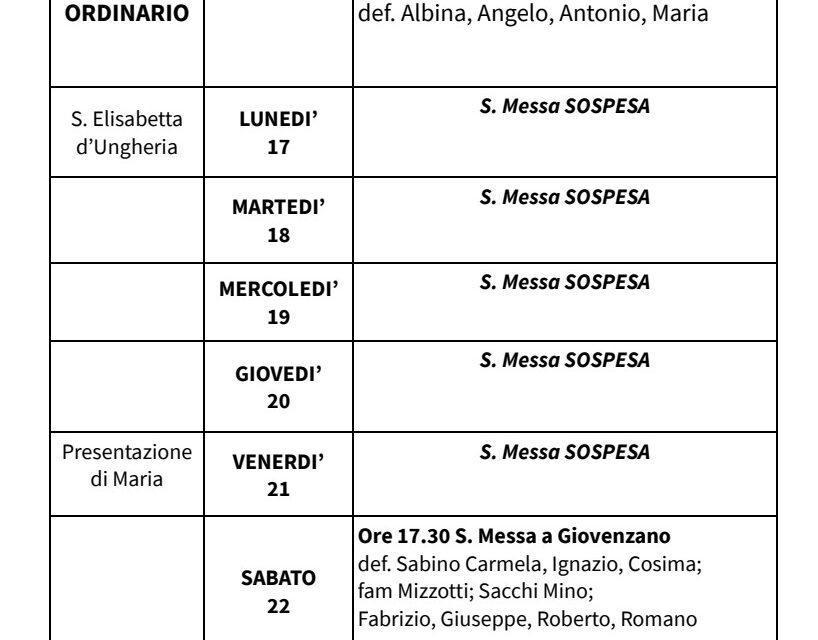 Calendario Liturgico dal 16 al 23 novembre 2025
