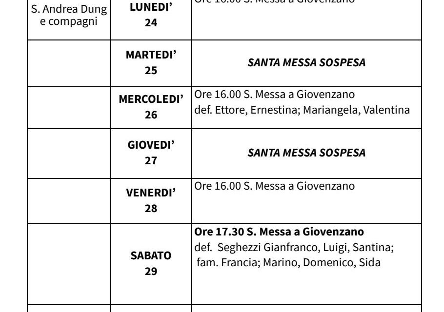 Calendario Liturgico dal 23 al 30 novembre 2025