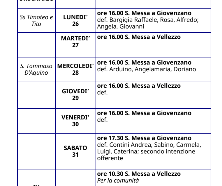 Calendario Liturgico dal 25 gennaio al 01 febbraio 2026