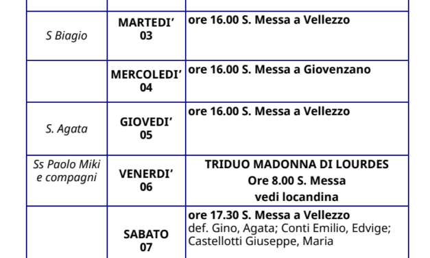 Calendario Liturgico dal 01 al 08 febbraio 2026