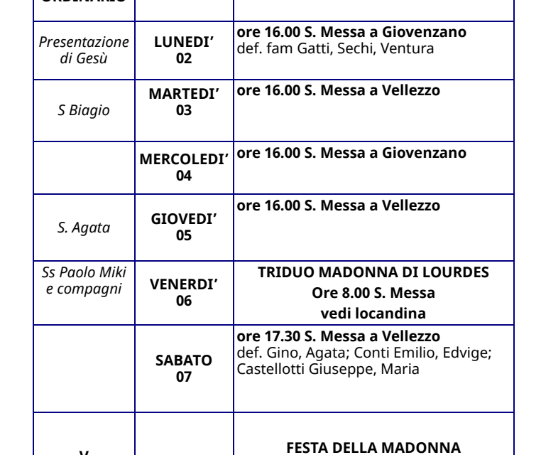 Calendario Liturgico dal 01 al 08 febbraio 2026
