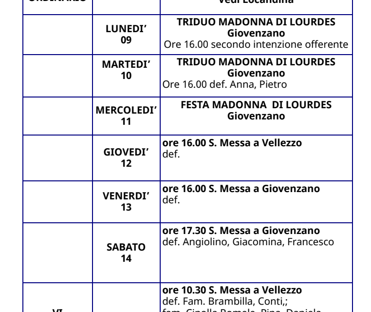 Calendario Liturgico dal 08 al 15 febbraio 2026