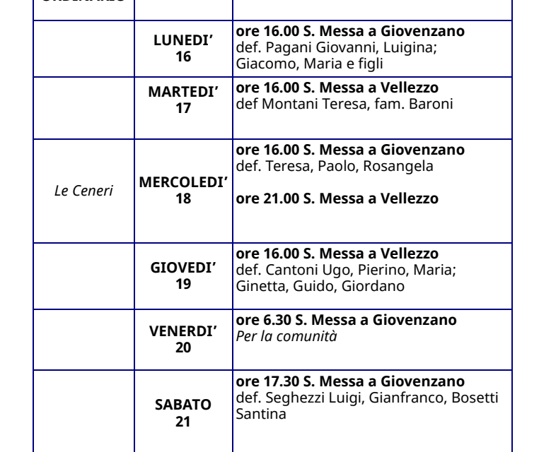 Calendario Liturgico dal 15 al 22 febbraio 2026